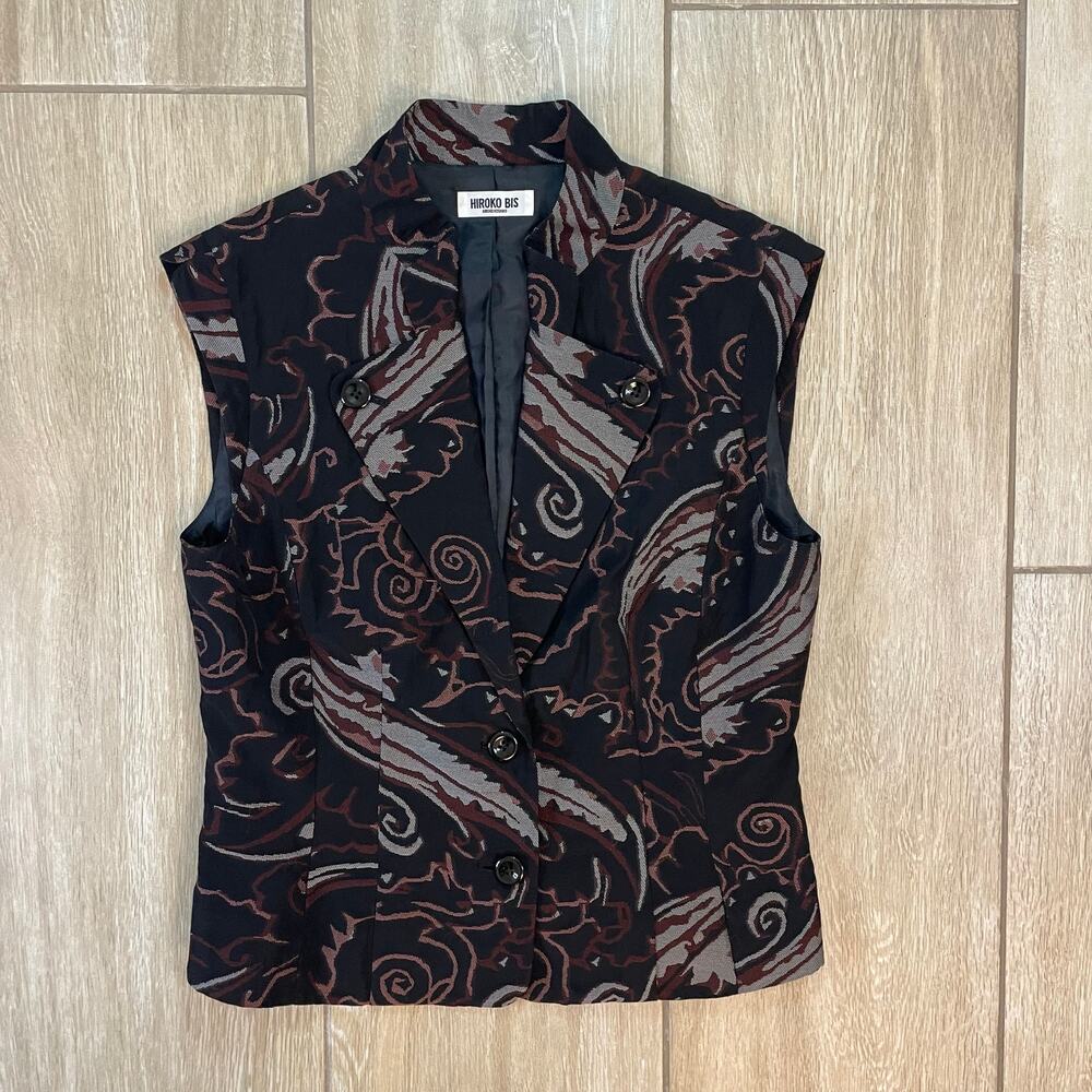 Hiroko Bis Hiroko Koshino Vest M Sz 9 Black Red Paisley Button Sleeveless Jacket